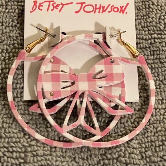 Betsy Johnson Pink & White Gingham Bow Delicate Rhinestones Hoop Earring NWT - Picture 3 of 10